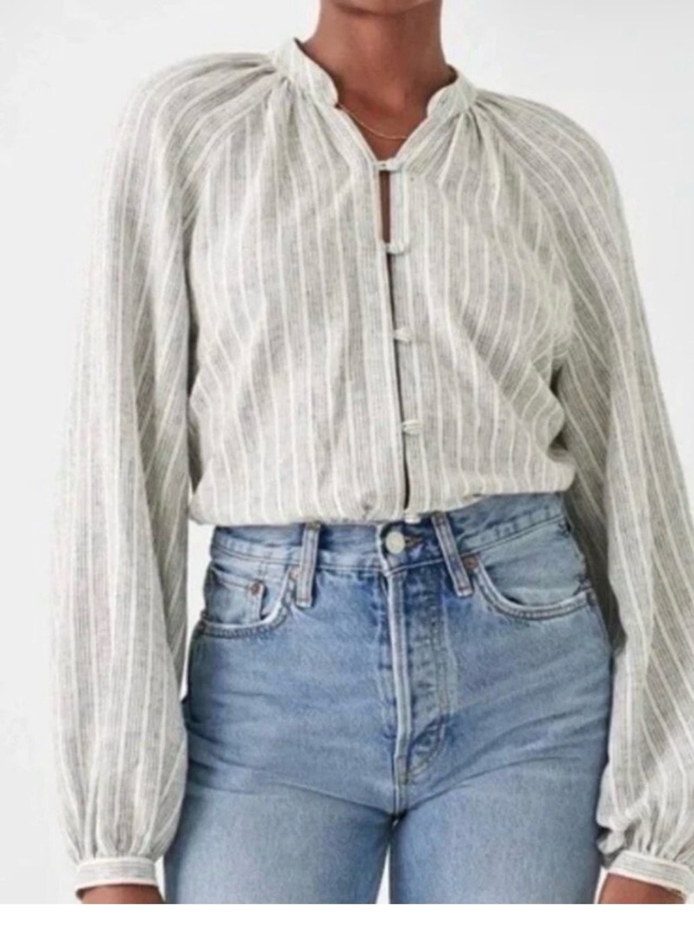 Faherty Naomi L grey striped linen blend flowy Cottagecore Lagonlook blouse boho